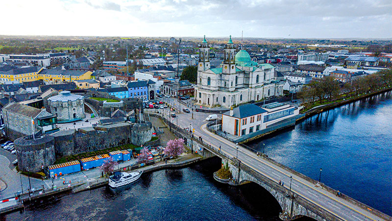 St. Peter and Paul Church and Shannon bridge aerial view. Athlone