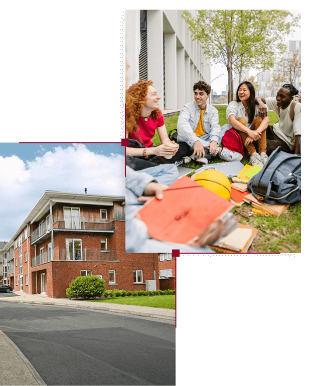 students laughing outside campus residential property